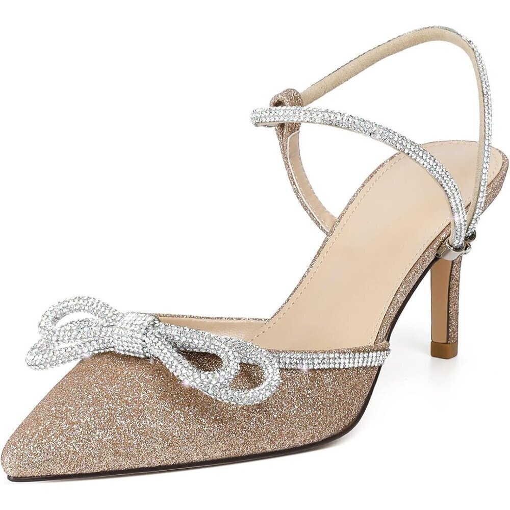 Women's Gold 1 Closed Toe Rhinestone Wedding Low Slingback Clear Kitten Heels